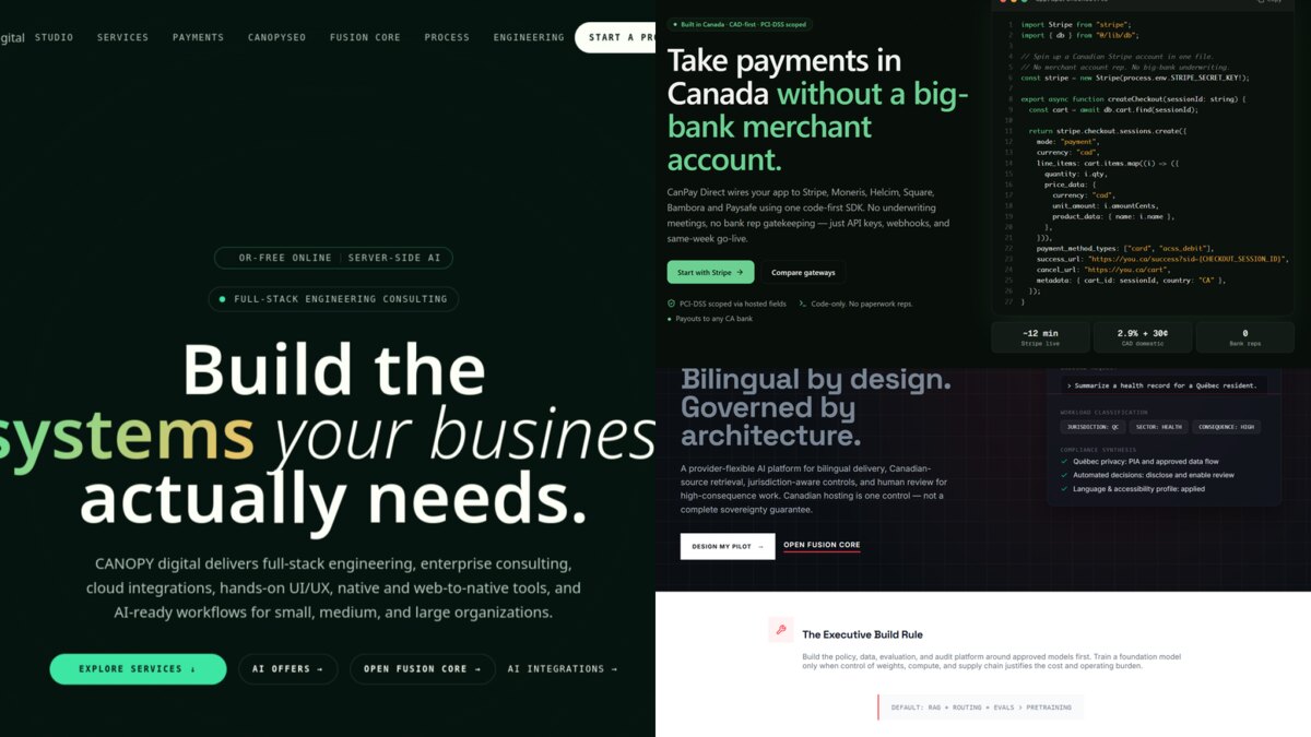Composite of three Canopy Digital website screenshots